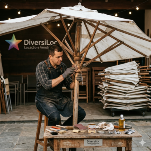 Especialista da Diversiloc realizando a manutenção e restauração artesanal de um ombrelone de madeira premium em uma oficina profissional. O técnico utiliza ferramentas de lixamento e produtos de acabamento sobre uma bancada de madeira. Ao fundo, a logomarca da Diversiloc e outros mobiliários organizados, transmitindo um ambiente de cuidado técnico e renovação de ativos.