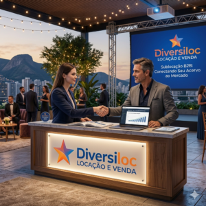 Representante da Diversiloc e um cliente corporativo firmam parceria com um aperto de mão em um balcão de recepção de um evento premium no rooftop. À direita, um telão exibe 'Diversiloc Locação e Venda' e a mensagem 'Sublocação B2B: Conectando seu Acervo ao Mercado'. A cena mostra laptops e materiais de negócio em um ambiente sofisticado de negócios B2B em Belo Horizonte.